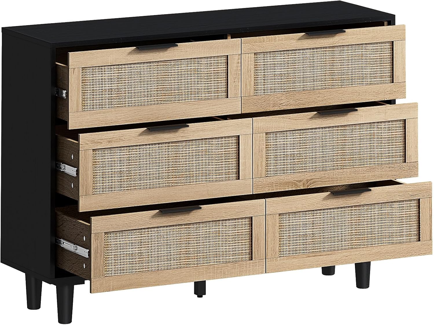 Cómoda de 43 pulgadas de ancho para dormitorio, cómoda de mediados de siglo para sala de estar, cómoda moderna con 6 cajones, mango de metal negro y