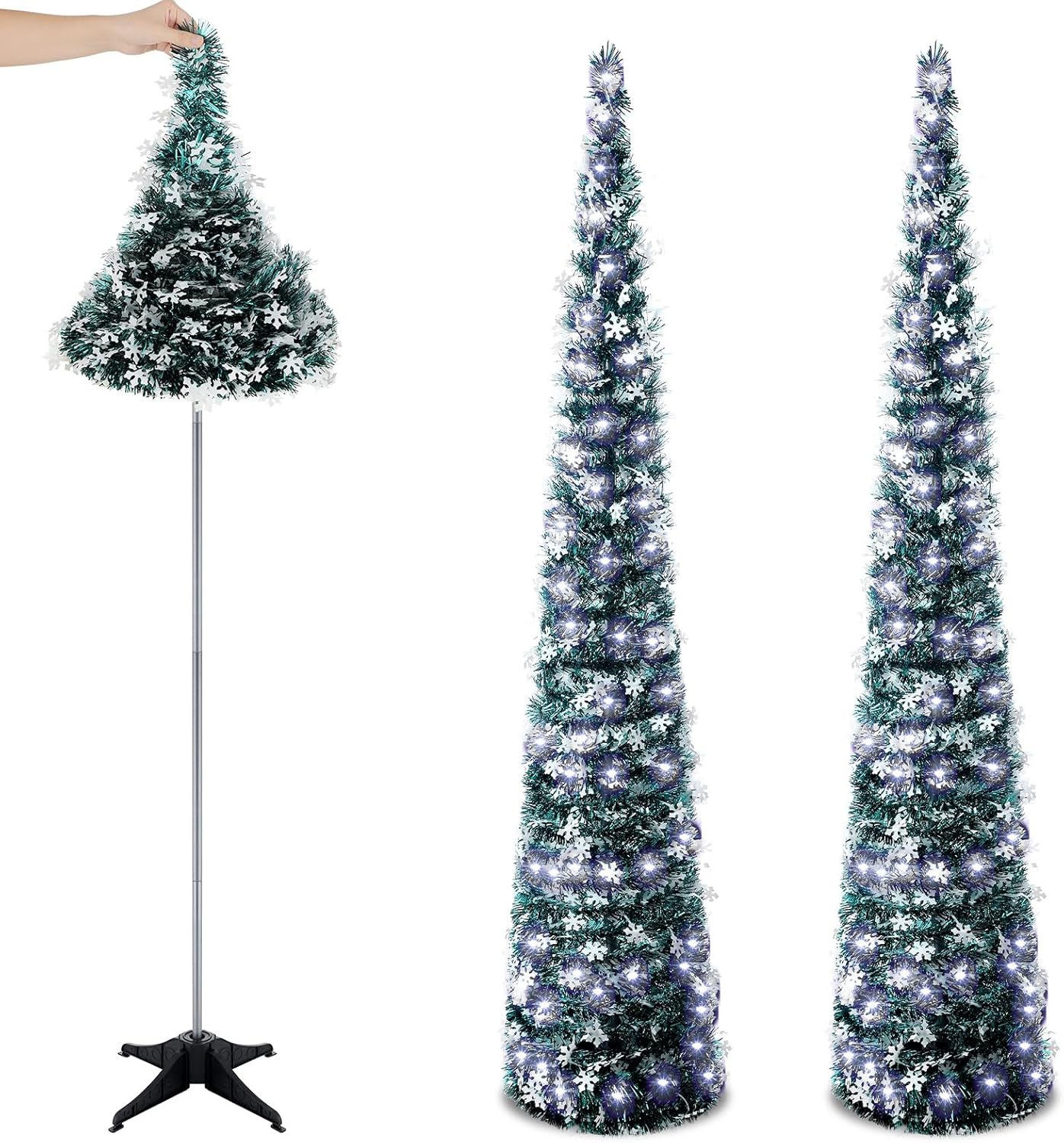 Sosation 2 piezas de árbol de Navidad desplegable de 5 pies, color verde claro, de oropel delgado, con cuerda LED, lentejuelas artificiales, árbol