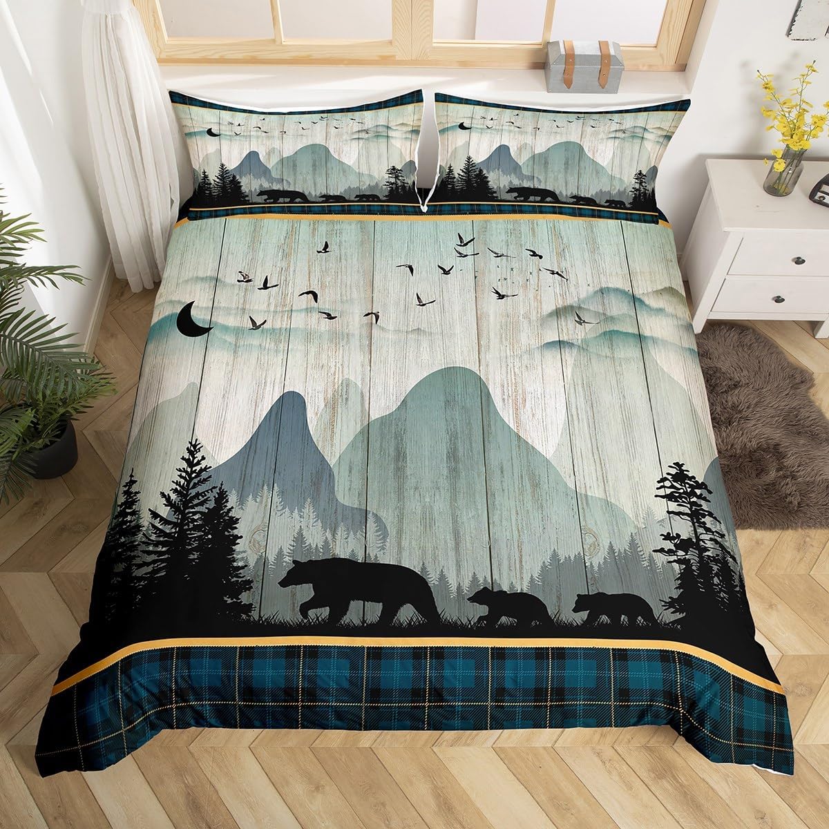 Juego de ropa de cama de oso rústico tamaño individual para mujeres adultas, funda de edredón con estampado de oso salvaje y animales salvajes,