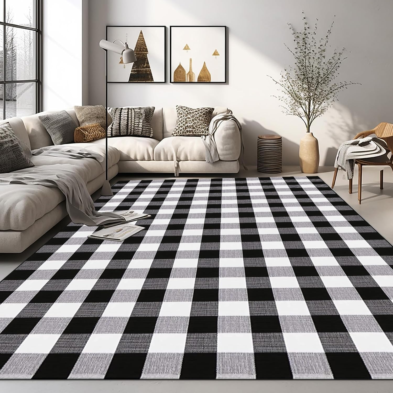 LHLJOYU Buffalo – Alfombra de algodón tejida a mano con diseño de cuadros, color blanco y negro, 5.5 x 7.5 pies, alfombra lavable para exteriores,