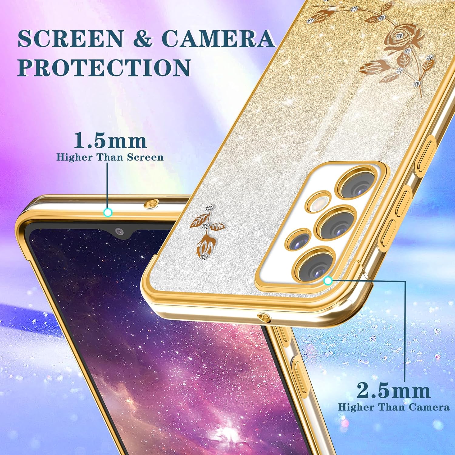 Coralogo (3 en 1 para Samsung Galaxy A53 5G – Funda para teléfono con purpurina brillante para mujeres y niñas, cubierta brillante con bonito diseño