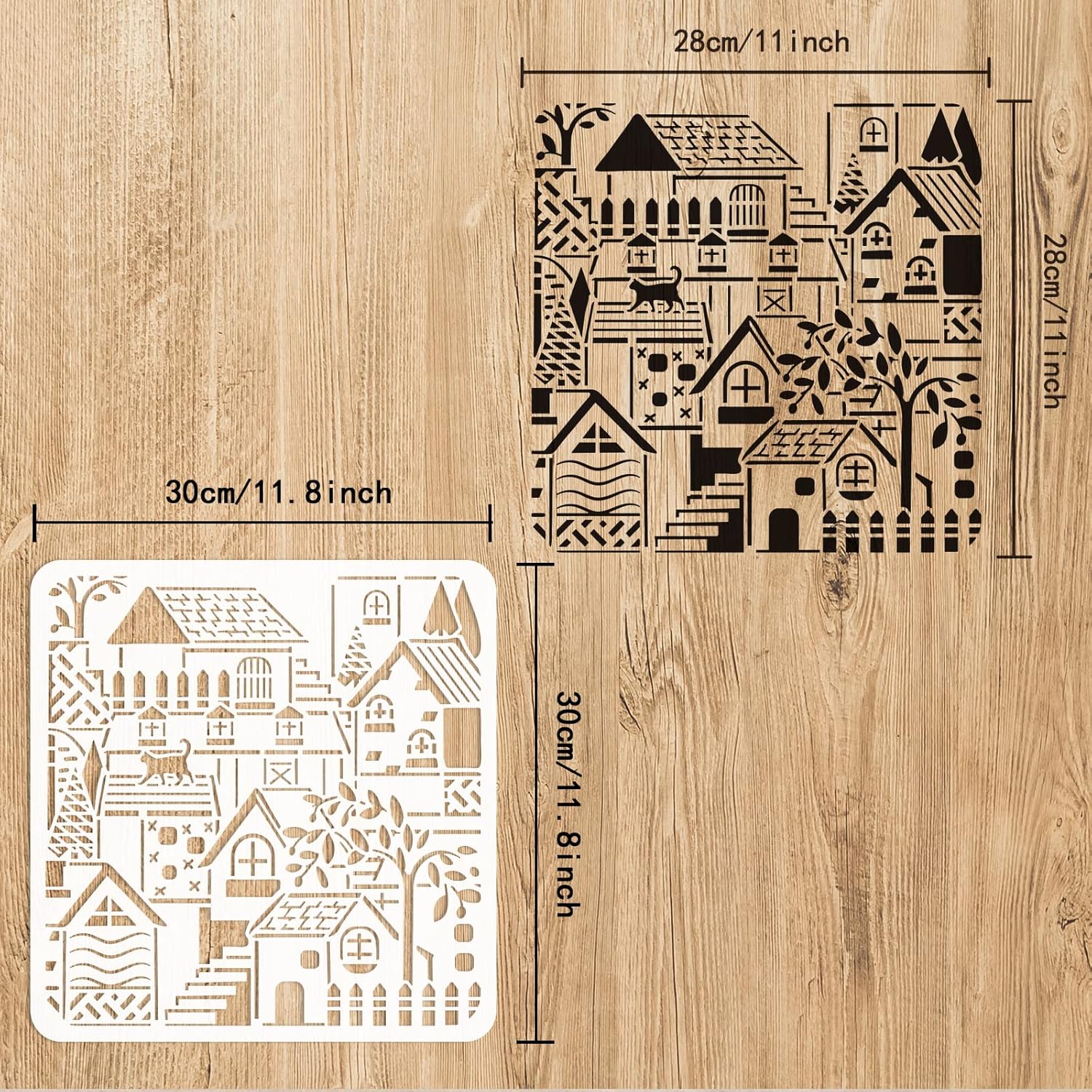 FINGERINSPIRE Houses – Plantilla de pintura de pueblo pequeño de 11.8 x 11.8 pulgadas, árboles reutilizables, para gatos, plantilla de plástico PET