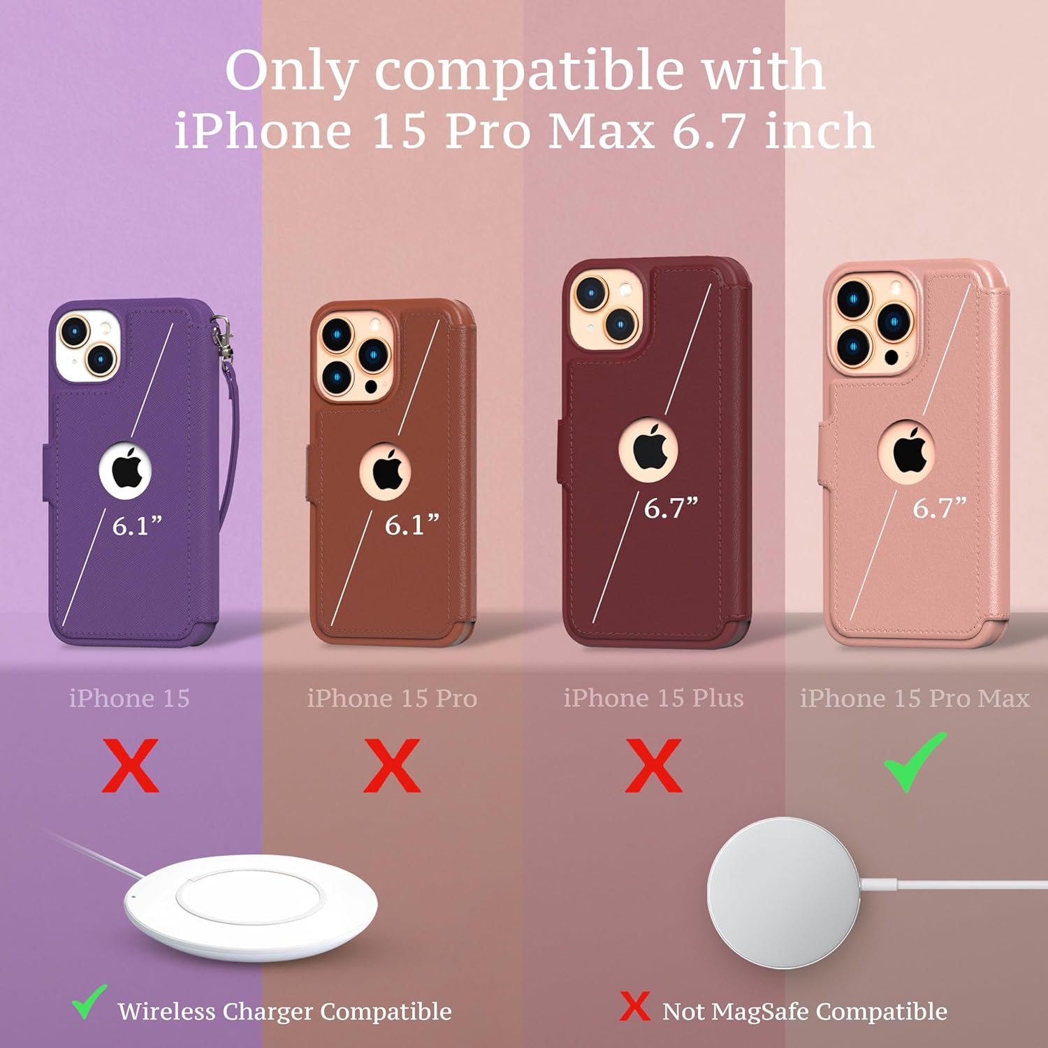 Funda tipo cartera para iPhone 15 Pro Max para mujeres y hombres, funda con tarjetero delgada y protectora para Apple 15 Pro Max (6.7 pulgadas),