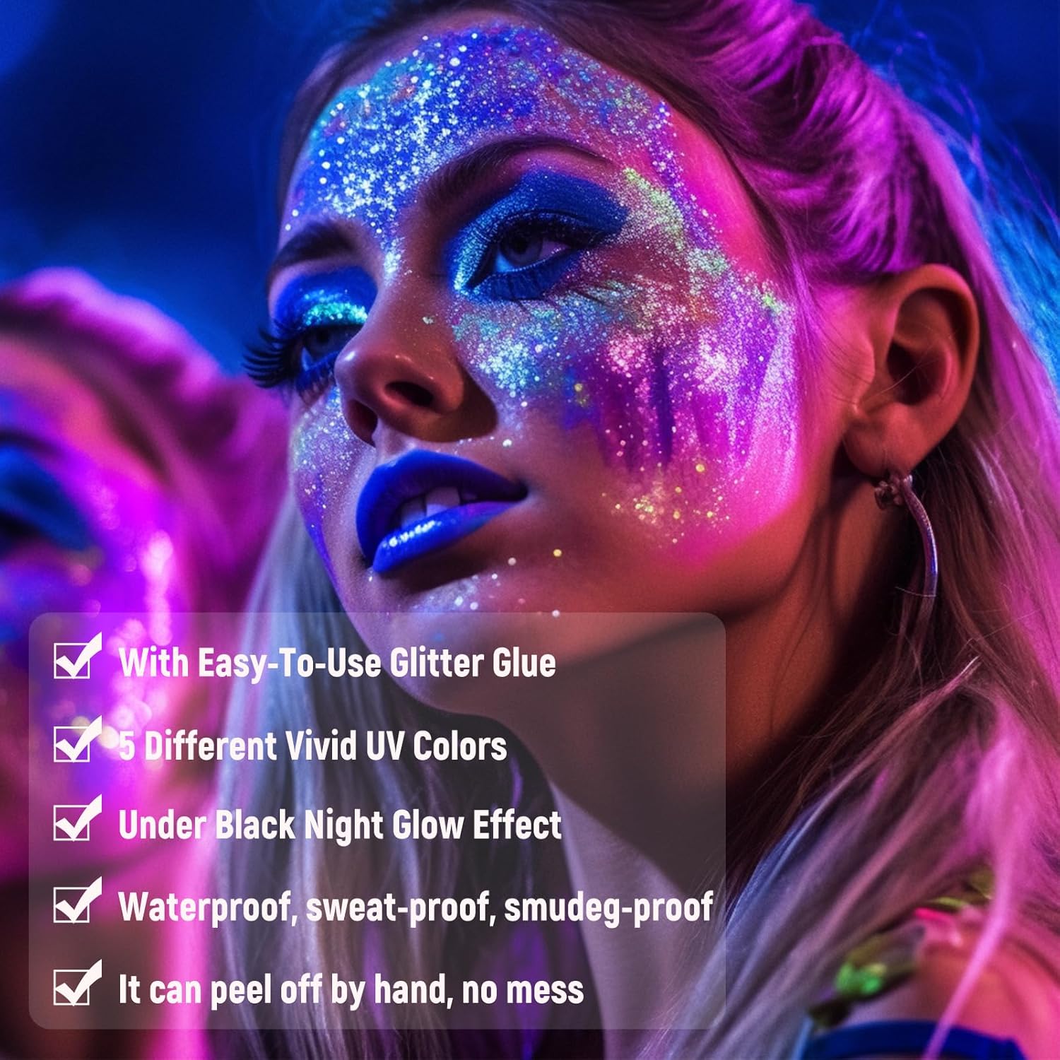 BADCOLOR Paquete de 5 brillos corporales neón UV + kit de pegamento de secado rápido, polvo brillante para cara, cabello, maquillaje de ojos, arte