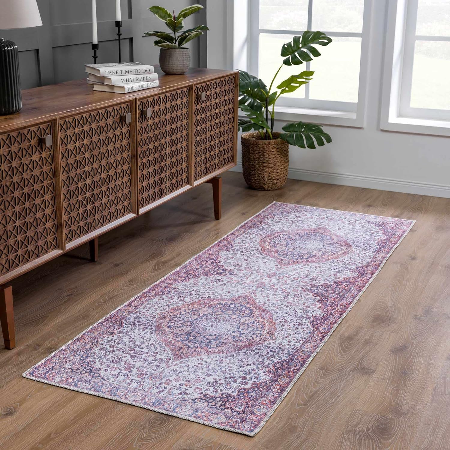 Georgia Collection Cael – Alfombra lavable a máquina, estilo oriental persa floral desteñido, para sala de estar y dormitorio, alfombra envejecida