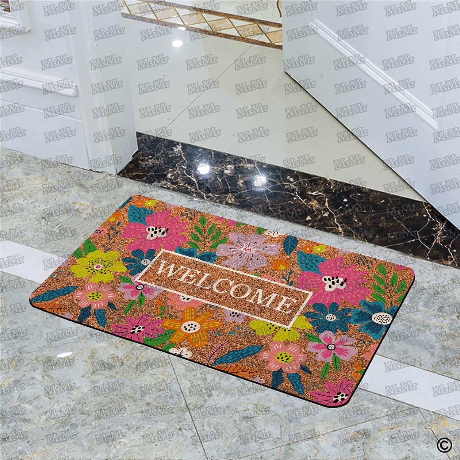 MsMr Felpudo divertido para interiores y exteriores, tapete para puerta delantera, diseño de flores, con parte trasera de goma, antideslizante,