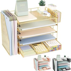 Organizador de escritorio de 5 niveles con estantes verticales, bandeja de papel de escritorio para organización de oficina con cajón y soporte para Organizador de escritorio de 5 niveles con estantes verticales, bandeja de papel de escritorio para organización de oficina con cajón y soporte para