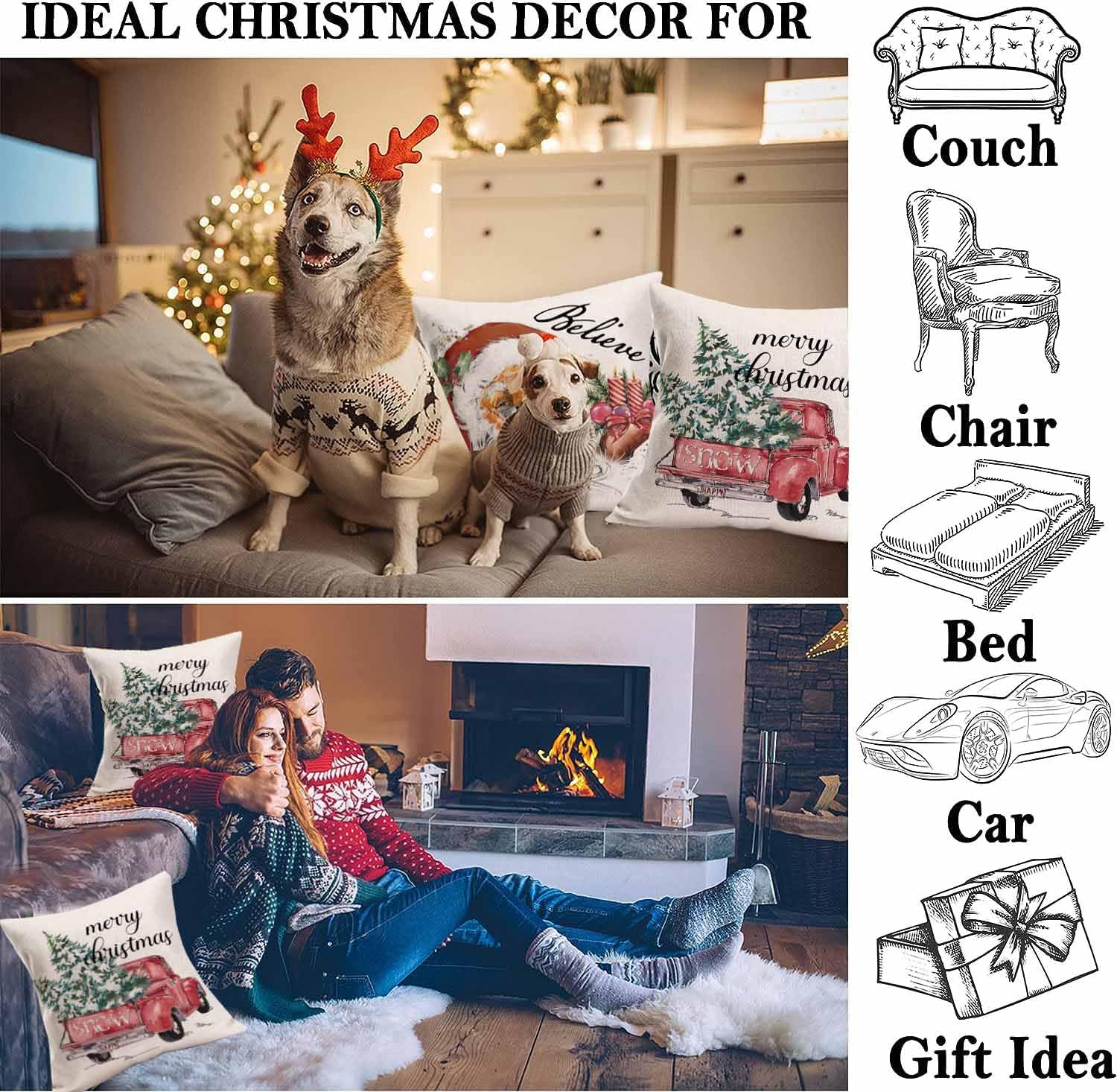 MEHOTOP Funda de almohada decorativa de Navidad de 16 x 16 pulgadas, tamaño estándar, camión de nieve rojo, árbol de Navidad, fundas de almohada con