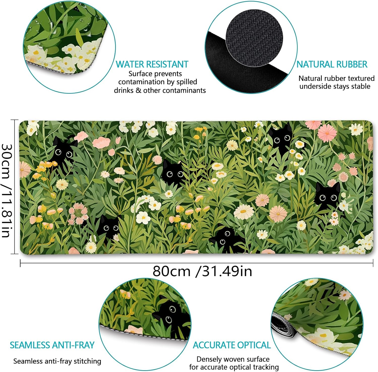 Divertida alfombrilla de escritorio con diseño de flor de gato negro, alfombrilla grande para mouse para juegos, alfombrilla de mouse para