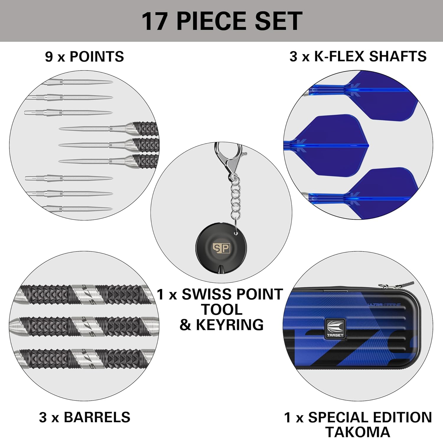 TARGET Darts 975 Ultra Marine 97.5% Tungsten Steel Tip Darts Set – Swiss Point Darts with K-Flex Integrated Flight and Shaft  Includes Dart Takoma