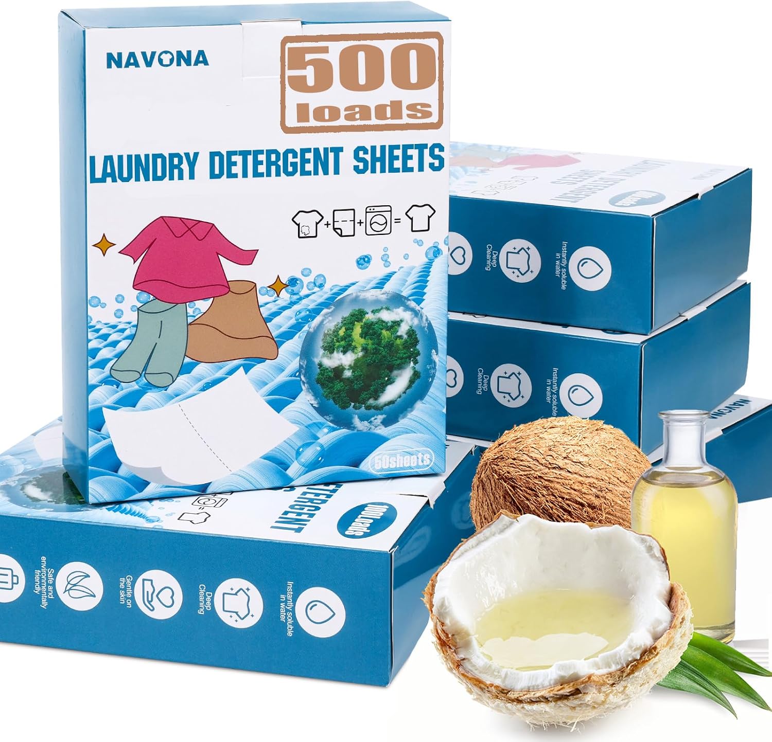 500 cargas NAVONA – Hojas de detergente para ropa con aroma fresco, potente eliminación de manchas y ecológico, ideal para apartamentos,