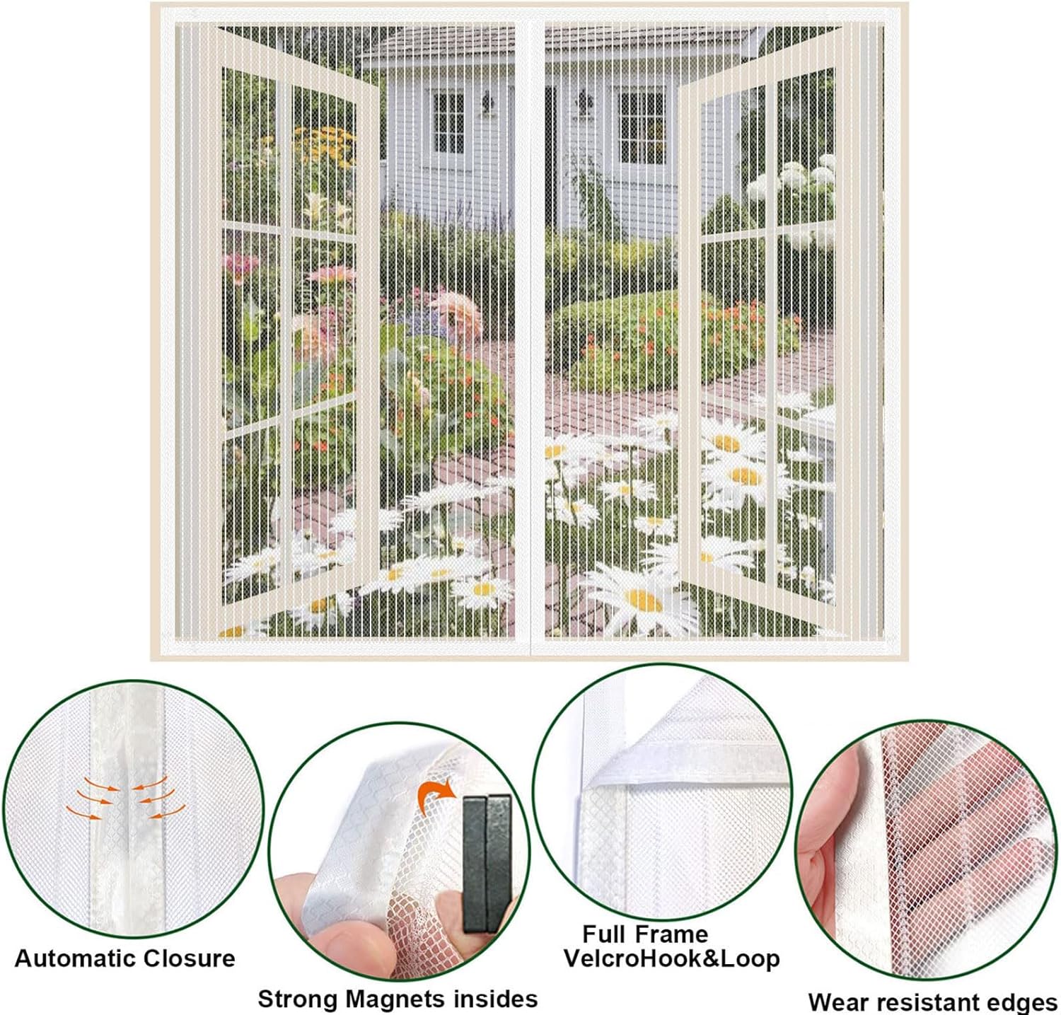 Mosquitera magnética de cierre automático, cortina de malla más gruesa, mantiene a los insectos fuera, color blanco, tamaño real 30 x 48 pulgadas