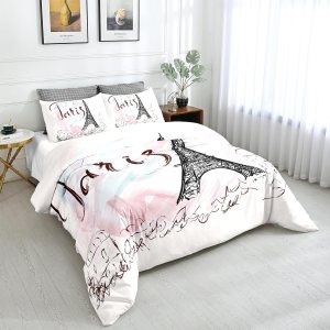 Juego de funda de edredón de la Torre Eiffel, tamaño individual, francesa, romántica, París, ciudad, color rosa, blanco, con estampado de San Juego de funda de edredón de la Torre Eiffel, tamaño individual, francesa, romántica, París, ciudad, color rosa, blanco, con estampado de San