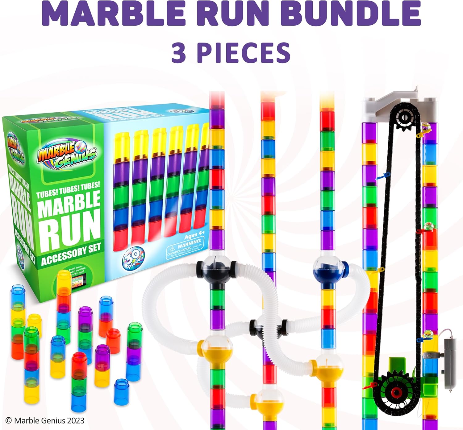 Marble Genius Paquete Elevador automático de cadena, tubos, esferas, y tubos, los juegos de accesorios perfectos para correr canicas para crear