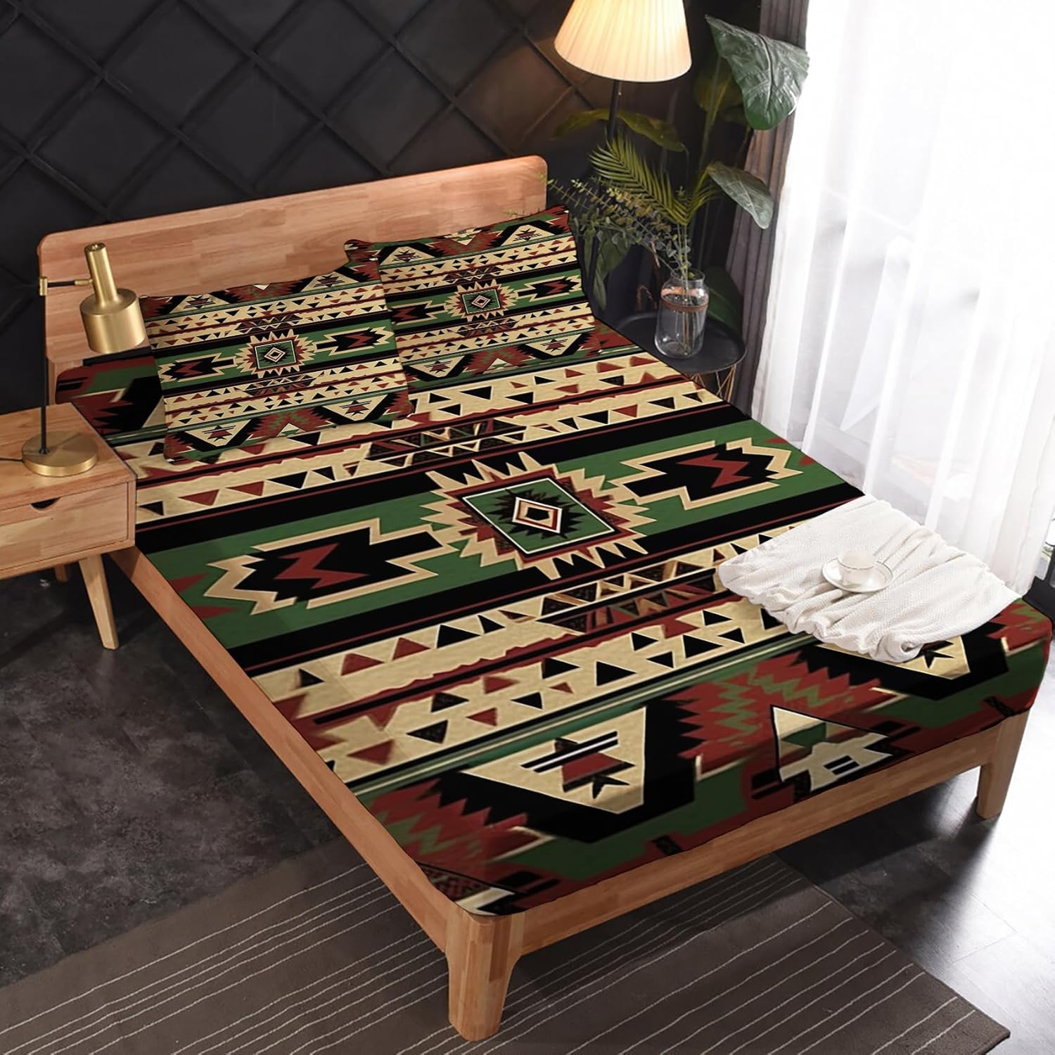 Juego de sábanas tamaño individual XL, sábanas aztecas, sábanas y fundas de almohada de nativos americanos, microfibra suave, bolsillo profundo y