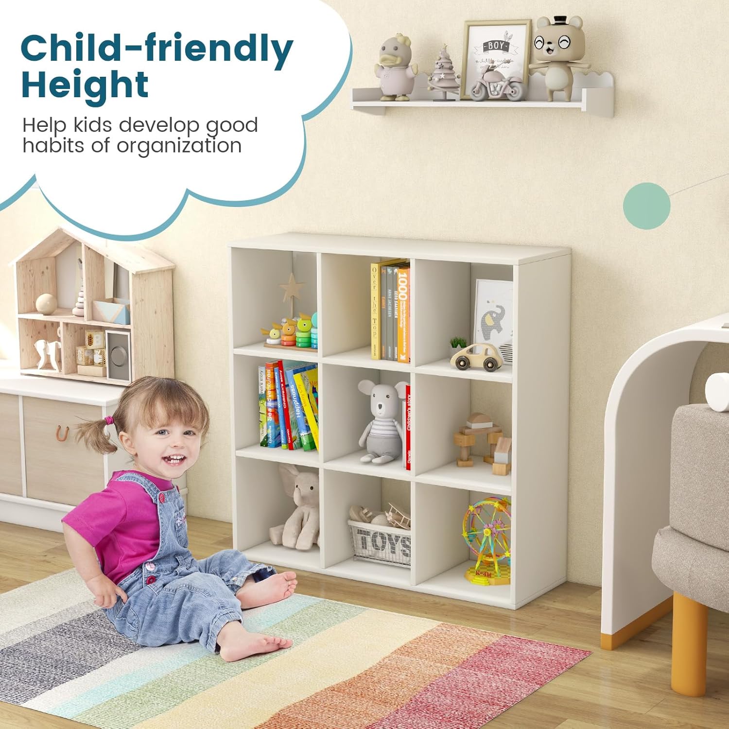 Costzon 9-Cube Toy Storage and Organizer, 4-Tier Wooden Kids Bookshelf, Toy and Book Storage Display Organization, Toddler Shelf for Playroom,