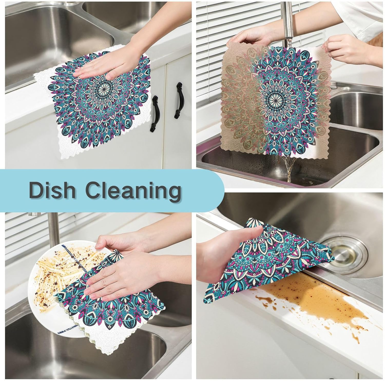 Tribal Vintage Mandala Floral Set of 6 Quick Dry Kitchen Towels and Dishcloths Sets Microfiber Print Cotton Car Drying Towels for Bathroom