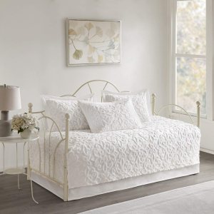MISC Juego de cama de chenilla blanca brillante, patrón de medallón, ropa de cama de tela de algodón suave con textura, estilo Shabby Chic, 5 piezas MISC Juego de cama de chenilla blanca brillante, patrón de medallón, ropa de cama de tela de algodón suave con textura, estilo Shabby Chic, 5 piezas