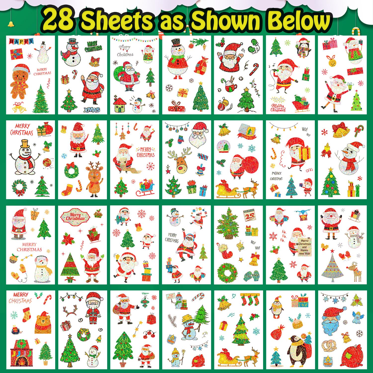 Partywind 28 hojas (245 estilos de brillantina), tatuajes de Navidad para niños, suministros de fiesta de cumpleaños de Navidad, decoraciones de