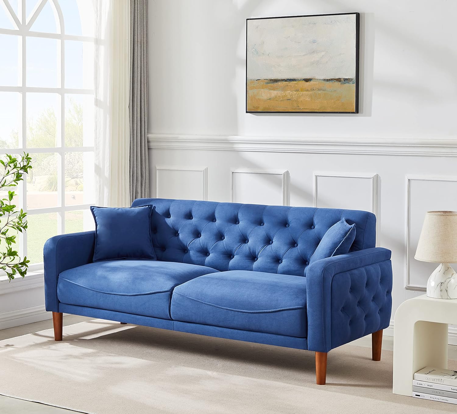 Aoowow Sofás y sofás de tela de lino de 78 pulgadas de largo, sofá moderno de mediados de siglo con 2 almohadas, reposabrazos y patas de madera para