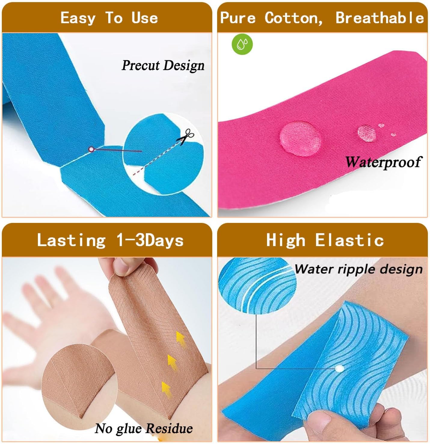 Kinesiology – Cinta precortada Pro-4 unidades  Cinta atlética elástica impermeable, 66 pies 80 tiras, cinta adhesiva de algodón de grado médico para