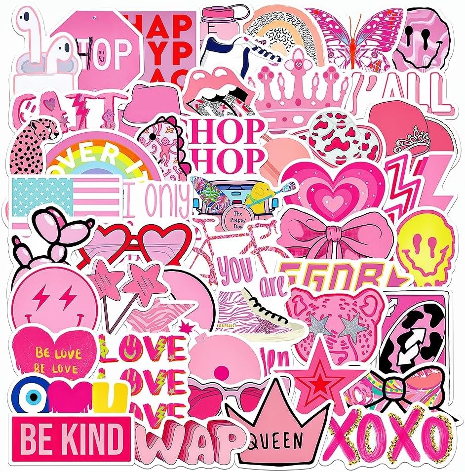 Paquete de calcomanías de color rosa preppy, paquete estético de vinilo impermeable, lindas calcomanías rosadas, suministros de recuerdo de fiesta,