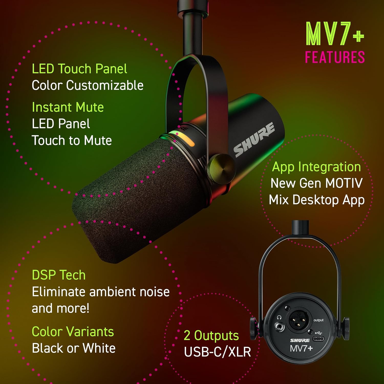 Shure MV7+ Podcast Microphone. Enhanced Audio, LED Touch Panel, USB-C & XLR Outputs, Auto Level Mode, Digital Pop Filter, Reverb Effects,