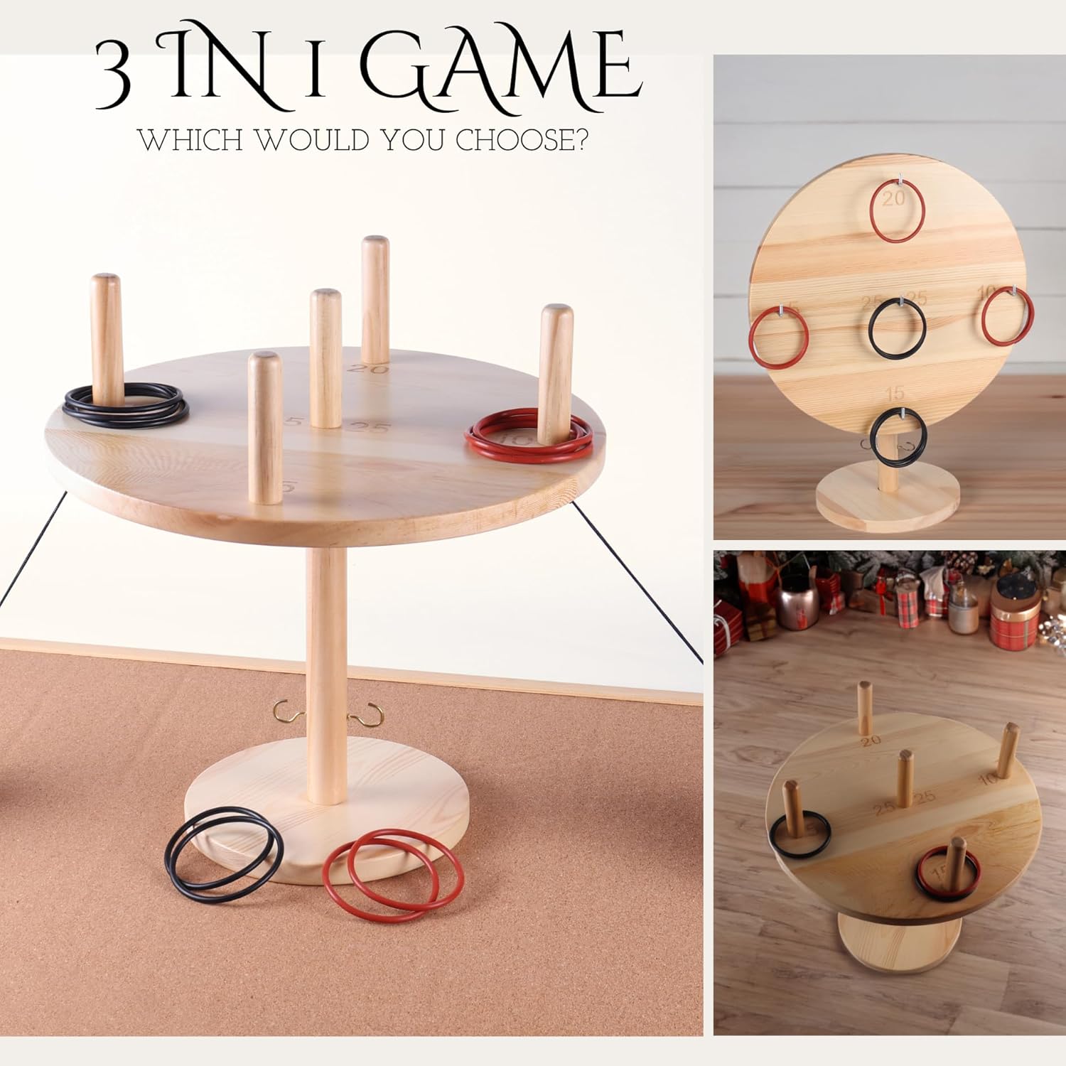 (1 unidad) Juego de lanzamiento de anillos 3 en 1, juego de gancho y anillo de madera natural para adultos, juego de anillo grande en interiores,