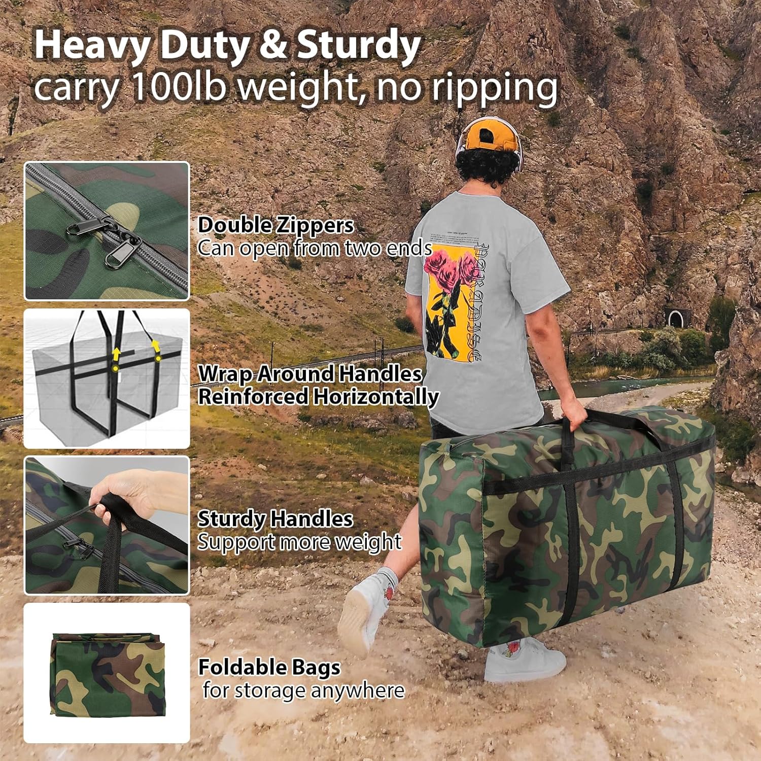 2 paquetes de bolsas de mudanza extra grandes de camuflaje de 100 L, bolsas de almacenamiento resistentes, asas envolventes de tela Oxford 600D,