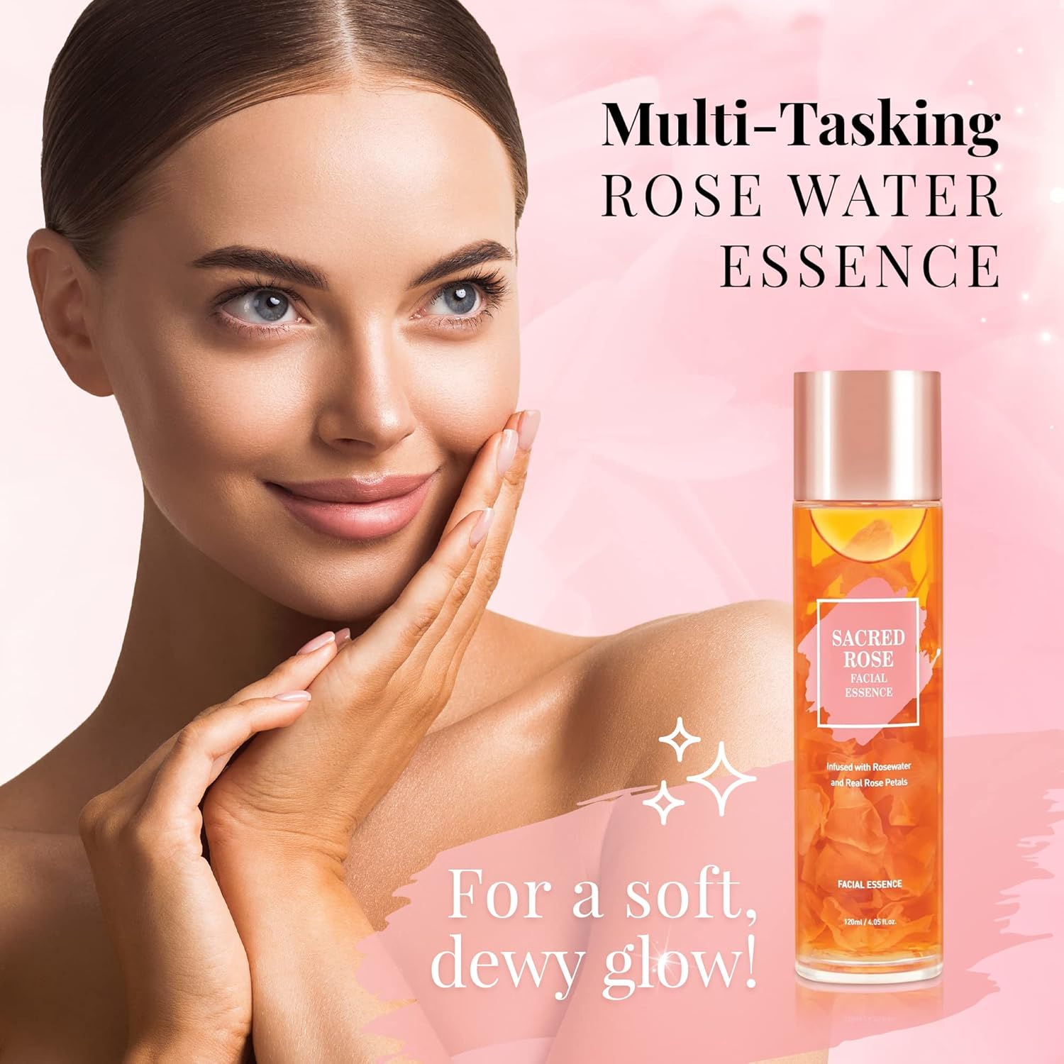 K BEAUTY SACRED ROSE FACIAL ESSENCE – Suero iluminador facial infundido con agua de rosas y 6 tipos de suero de ácido hialurónico para la cara que