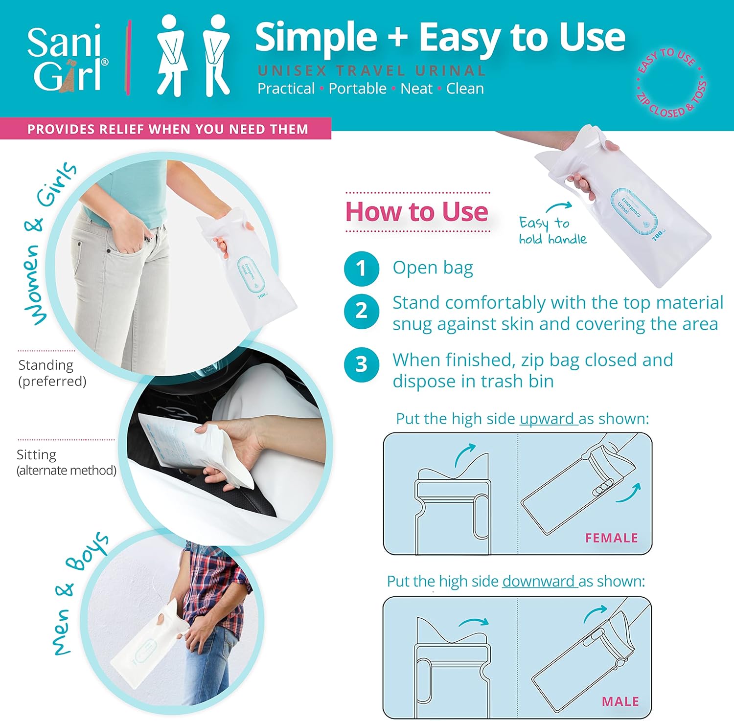 SaniGirl Urinario femenino  Bolsas desechables para orinar para viajes para mujeres, hombres, niños, urinario de emergencia, sanitario, viajes,