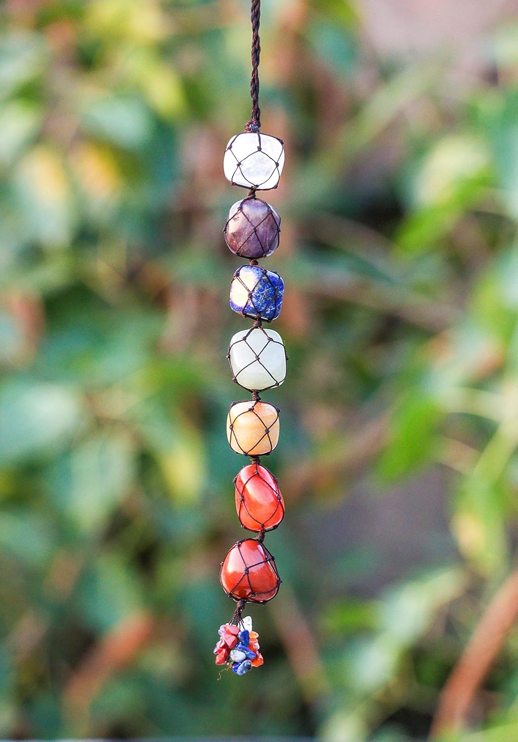 Adorno colgante de auto de 7 chakras, accesorios colgantes de cristal áspero para reiki, curación, equilibrio, borla para colgar en la pared,