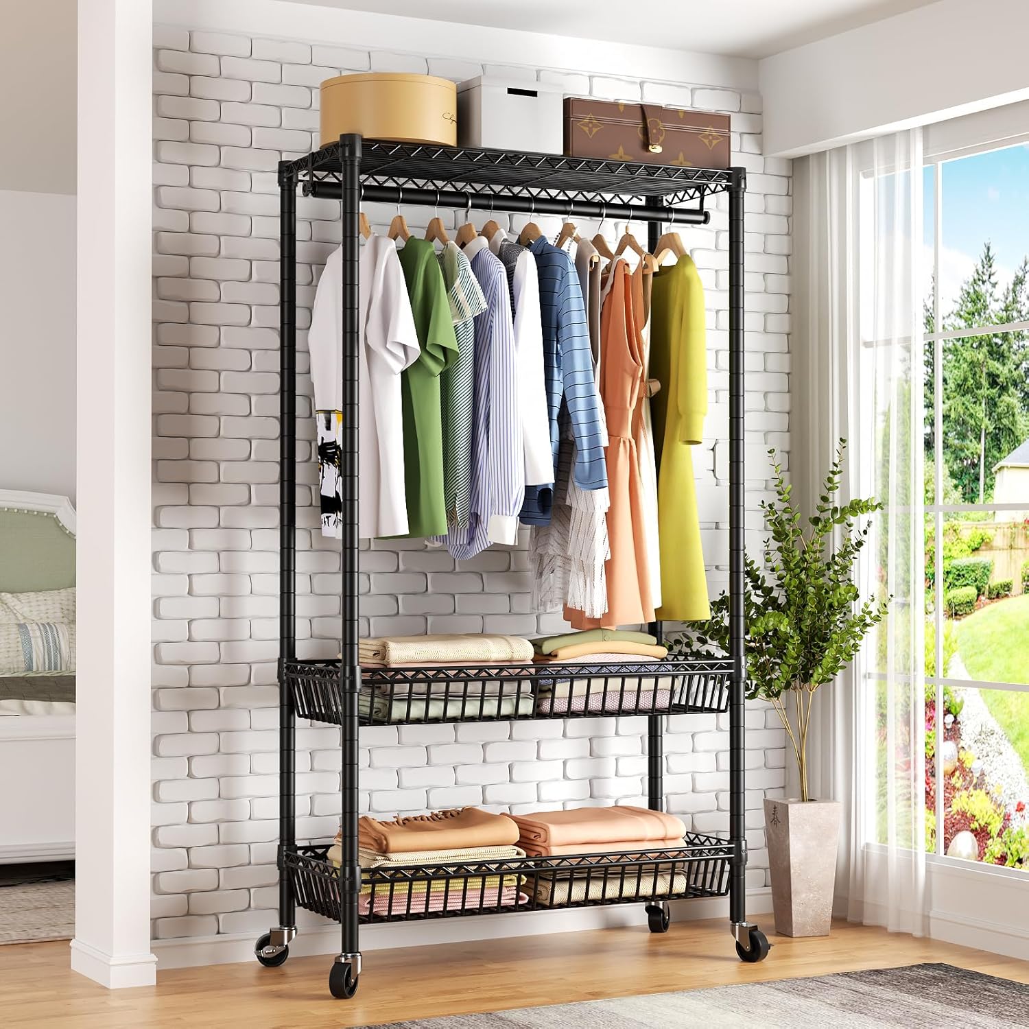 Perchero portátil con ruedas para colgar ropa, perchero de alambre ajustable resistente con cesta y barra de colgador, estante de metal