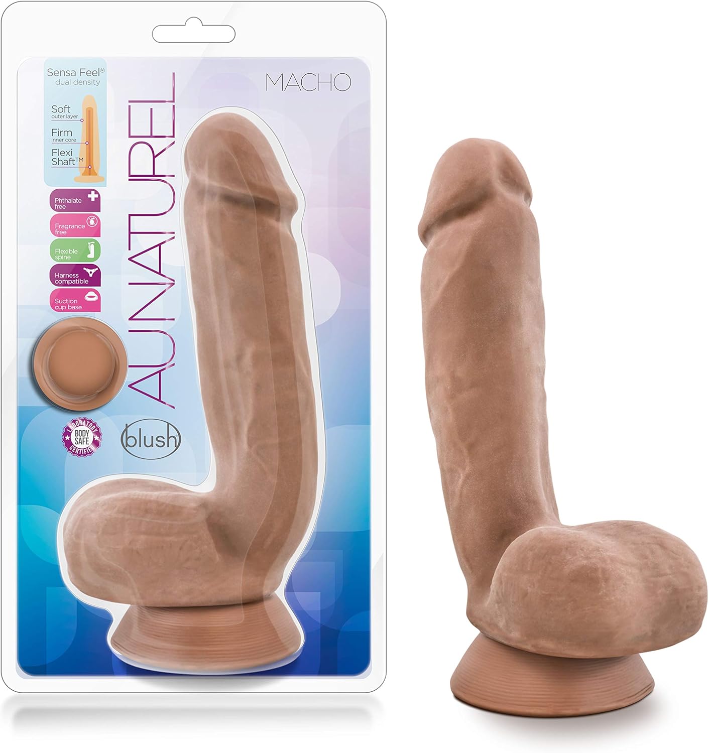 Blush Au Naturel Macho – Consolador realista Sensa Feel de doble densidad de 8.75 pulgadas, pene y bolas – ventosa, compatible con arnés – Juguete