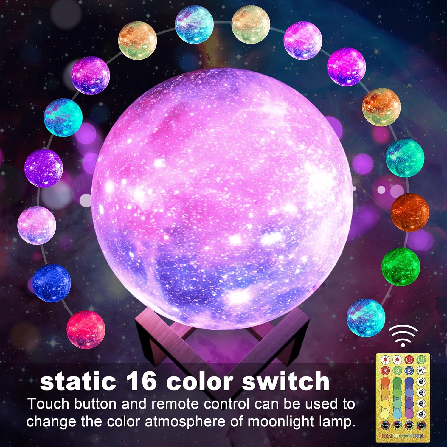 Eueasy Lámpara de luna galaxia de 5.9 pulgadas, 16 colores, luz nocturna 3D para niños, luz de luna con control remoto y función de temporizador de