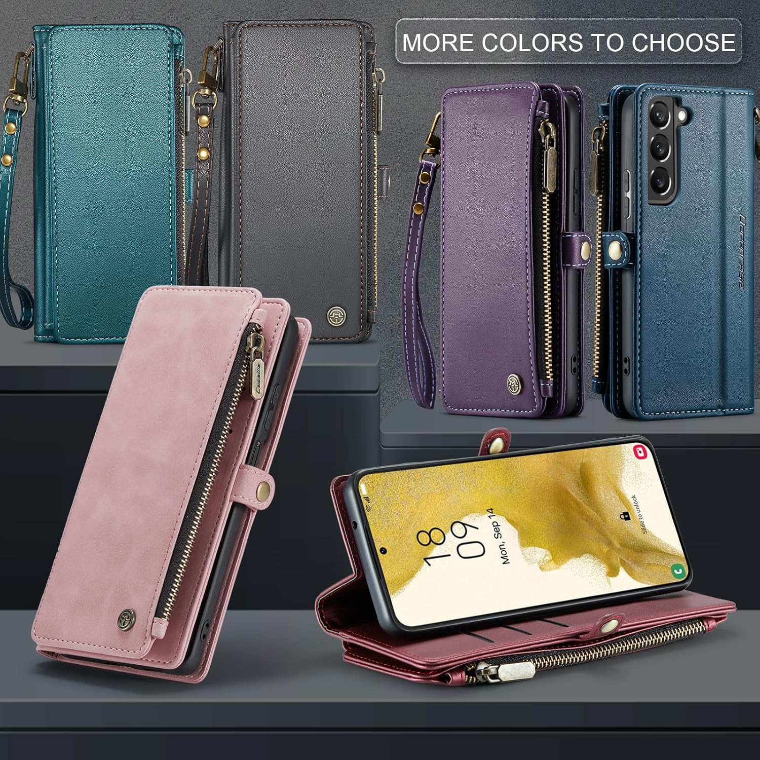 Defencase Funda para Samsung Galaxy S22, bloqueo RFID, para Galaxy S22 para mujeres y hombres con tarjetero y correa magnética de piel sintética