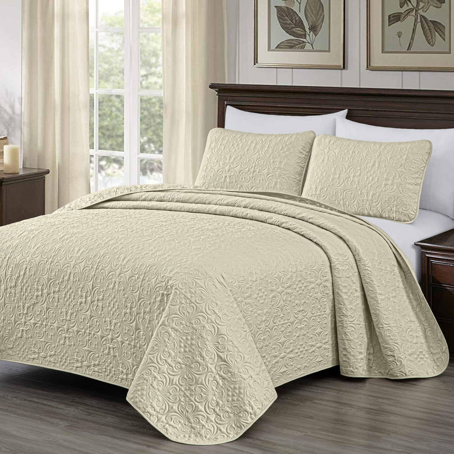 Chezmoi Collection Luca – Juego de edredón tamaño Queen de 3 piezas, color beige, suave, ligero, de verano, tamaño Queen, de 100 x 106 pulgadas,