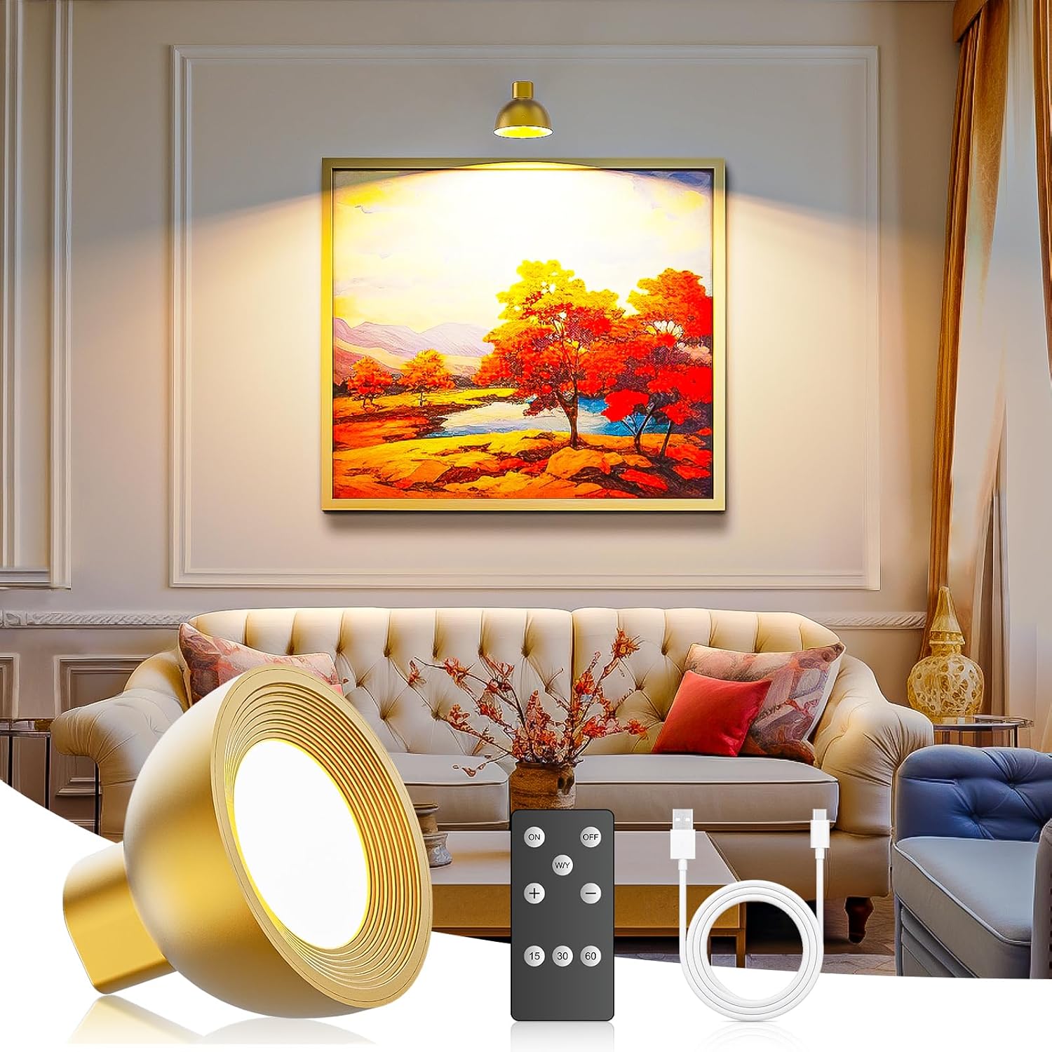 Luz de imagen funciona con pilas, luz dorada con control remoto y brillo ajustable temperatura de color para resaltar pinturas, fotografías u otros