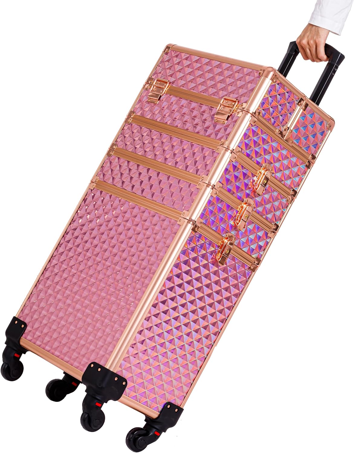 Maletín de tren de maquillaje rodante, carrito de cosméticos de gran capacidad, 4 en 1, estuche de viaje de maquillaje con ruedas giratorias para