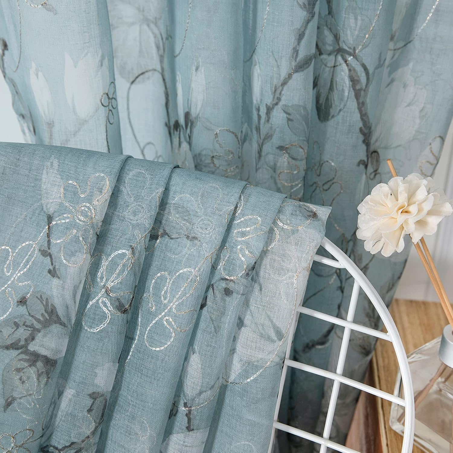 Tollpiz – Cortinas de gasa con estampado de flores y bordado de enredadera, con bolsa para barra, cortinas Voile para ventana, para sala de estar,