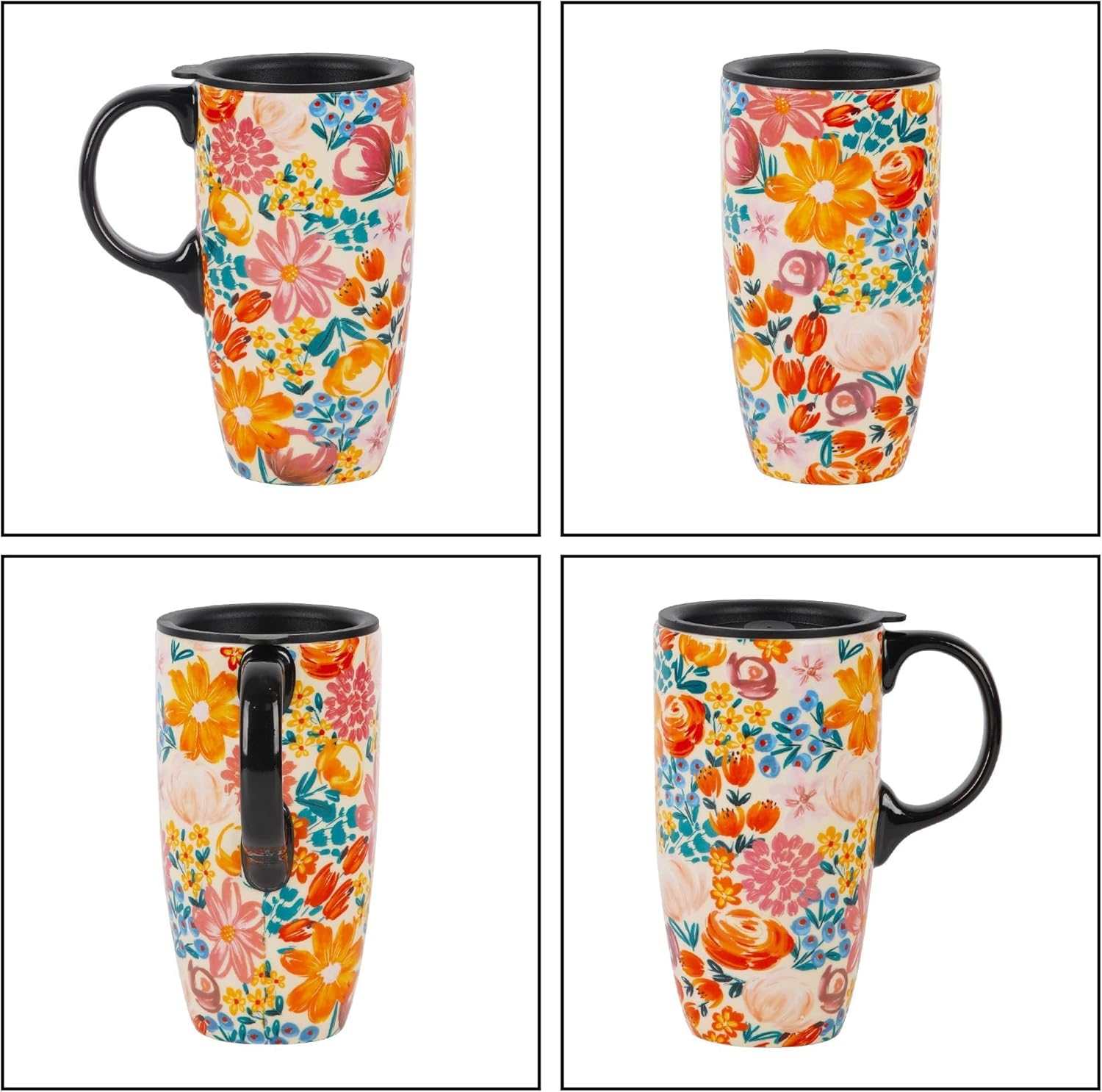 Topadorn Taza de viaje de cerámica de 17 onzas con tapa deslizante y asa resistentes a las salpicaduras, taza de café de cerámica grande para