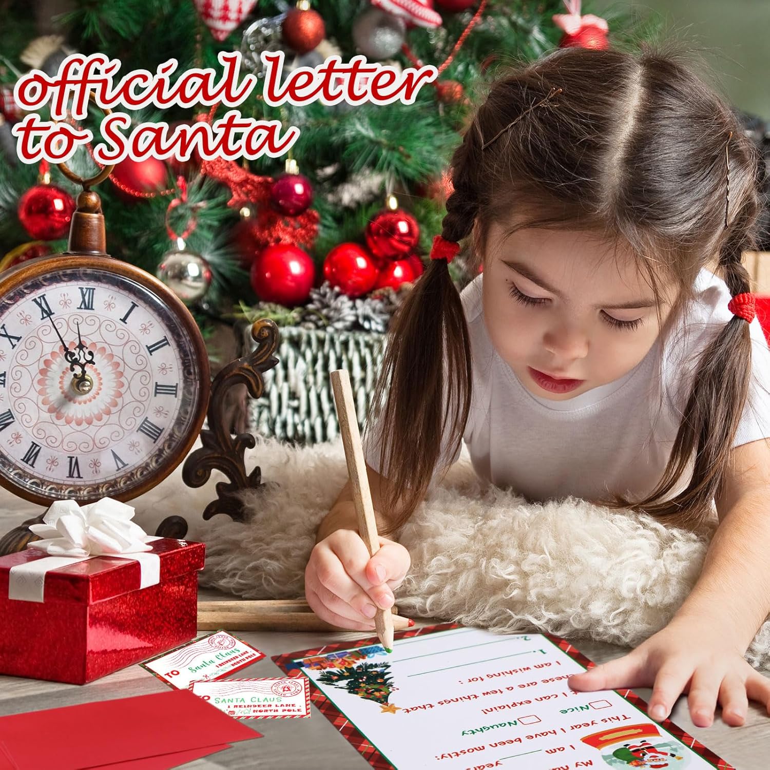 Kit oficial de 192 piezas de carta a Papá Noel, incluye 48 tarjetas de Navidad con 48 sobres rojos a juego, 48 sellos, 48 calcomanías de 5 x 7