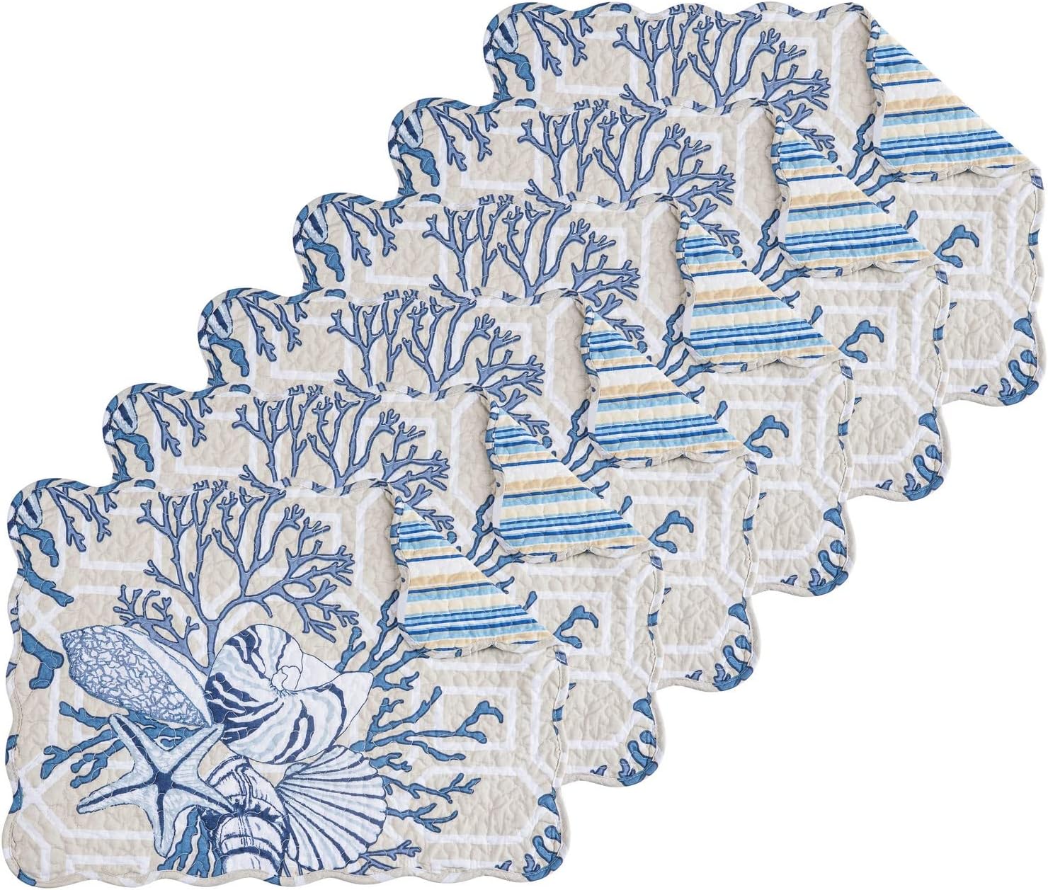 C&F Home Cannon – Juego de 6 manteles individuales acolchados de algodón reversible, lavable a máquina, con borde festoneado, color azul, costero,