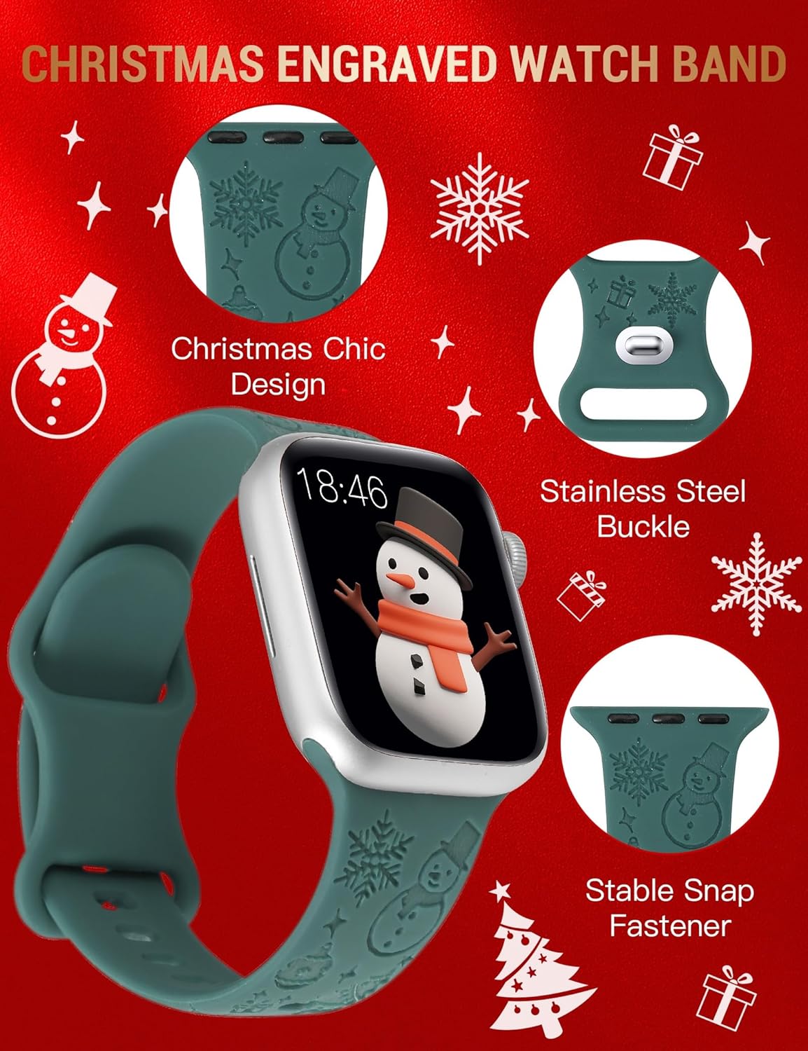W-RARA Correa grabada de Navidad compatible con Apple Watch Band de 1.496 in 1.575 in 1.614 in 1.654 in 1.732 in 1.772 in 1.929 in para mujeres y