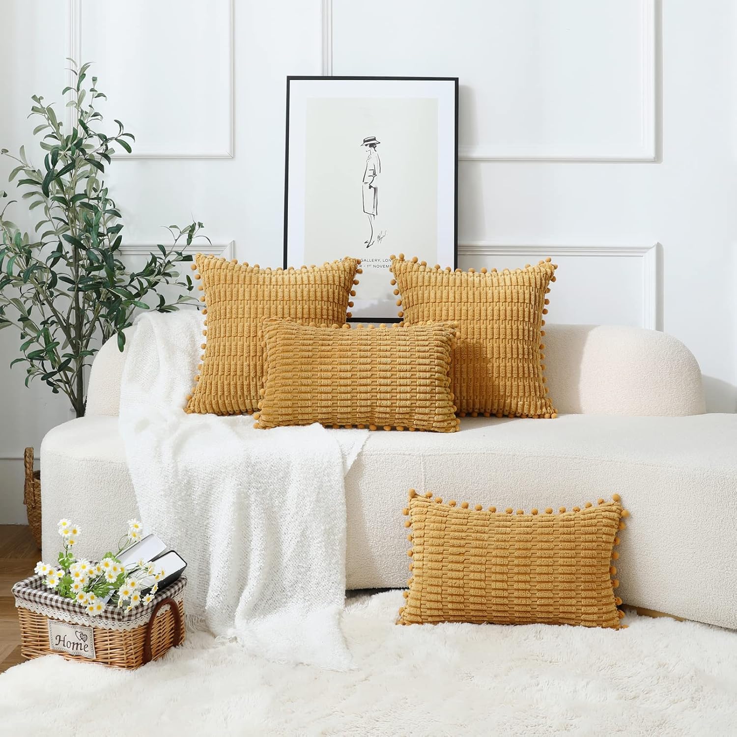 sykting Juego de 2 fundas de almohada decorativas de color amarillo mostaza de 20 x 20 pulgadas, suaves, a rayas, con pompones, para sofá, cama,