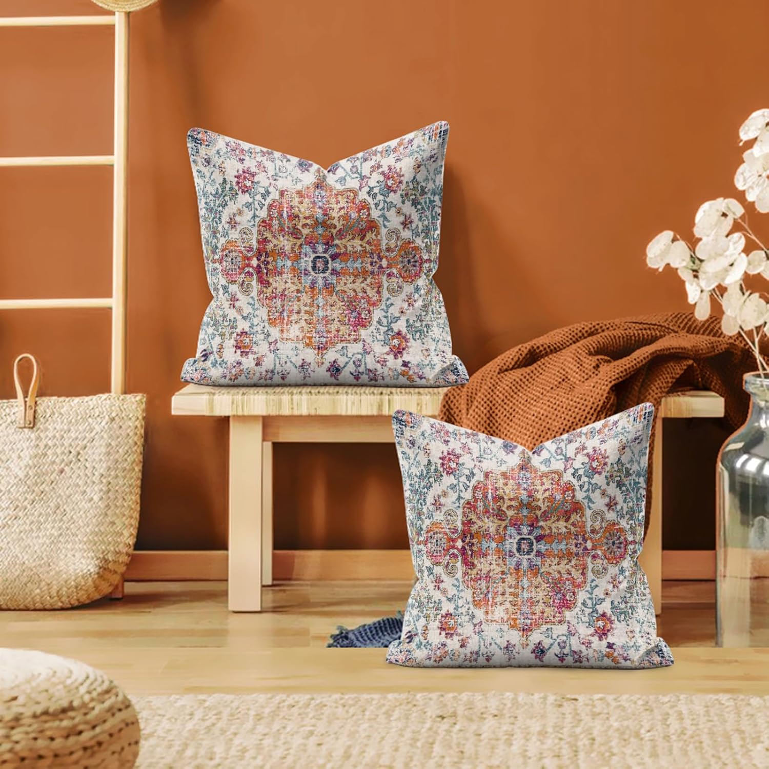 Juego de 2 fundas de almohada bohemias de 18 x 18 pulgadas, fundas de almohada decorativas para sofá, sala de estar, cama, funda de almohada de lino