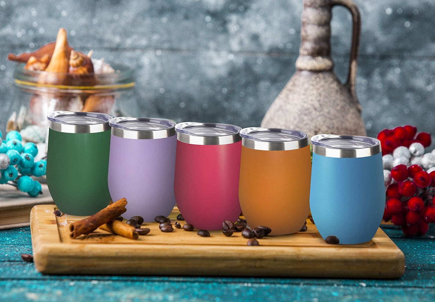 Taza de vino de acero inoxidable de 12 onzas, aislamiento al vacío, doble pared, tapa de café sin tallo, botella de viaje con pajita, botella de