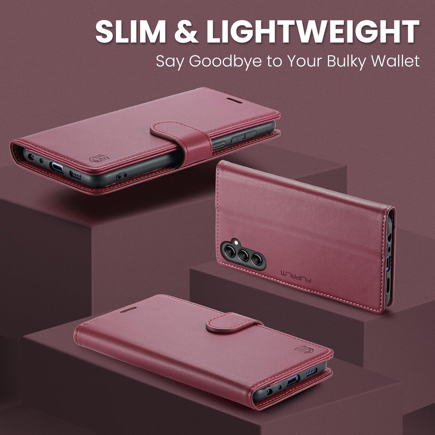 FLIPALM Funda tipo cartera para Samsung Galaxy A14 5G con bloqueo RFID, soporte para tarjeta de crédito, de piel sintética, función atril, funda