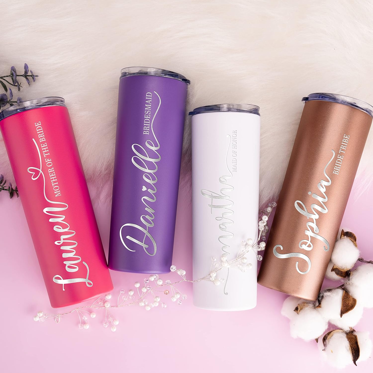 Lily’s Atelier Juego de 5 vasos personalizados para dama de honor, con nombre y título, 8 colores vivos, 5 diseños, vaso delgado grabado de 20 onzas