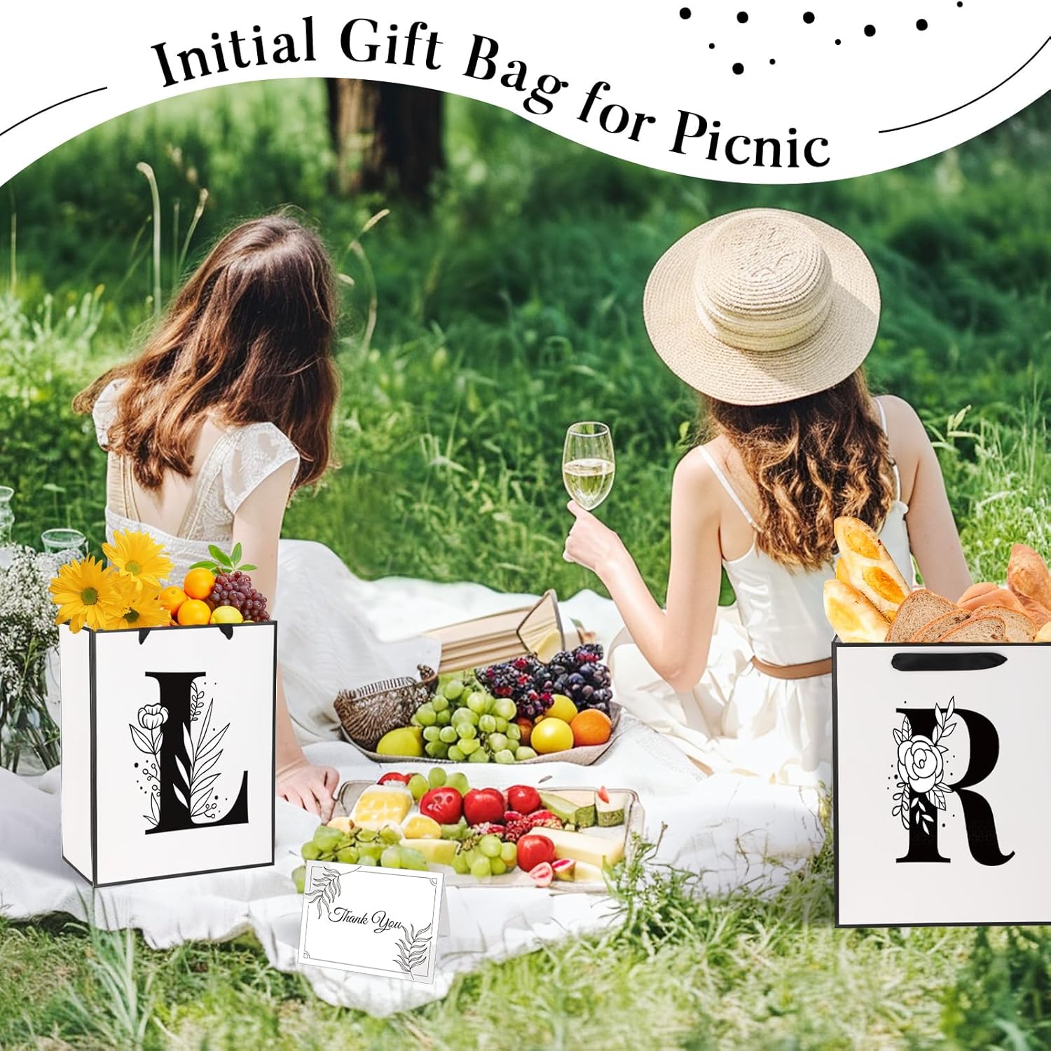 Bolsa de regalo de cumpleaños con letra L con monograma inicial con tarjeta de agradecimiento y papel de regalo para mujeres y hombres, bolsa de